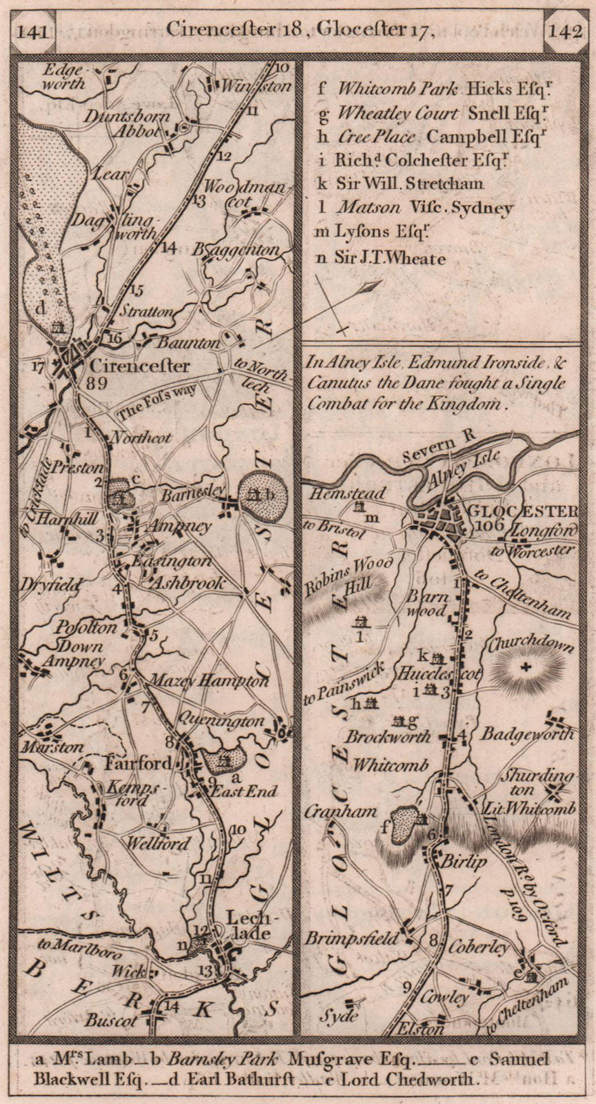 Lechlade - Fairford - Cirencester - Gloucester road strip map PATERSON 1803